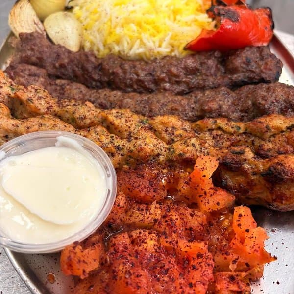 Kabob platter with saffron rice and garlic sauce